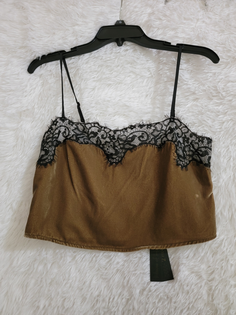 House of Harlow 1960 Bronze Satin Camisole with Black Lace Trim